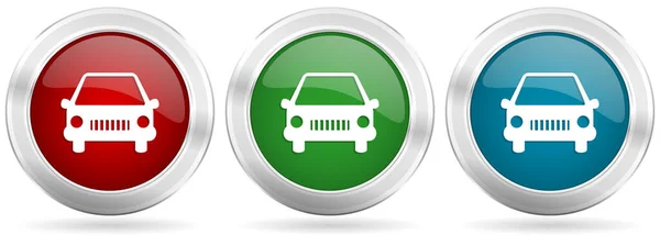 車のベクトルアイコンセット クロムの境界線と赤 青と緑の銀の金属ウェブボタン — ストックベクタ