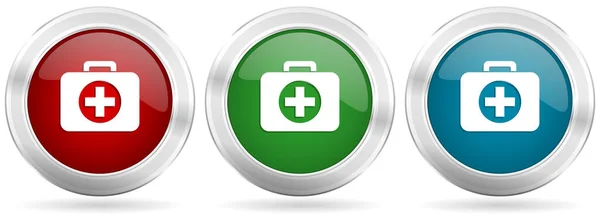 First Aid Vector Icon Set Red Blue Green Silver Metallic — Vector de stock