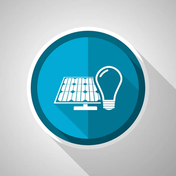 電球と太陽電池パネルのシンボル 長い影とフラットデザインベクトル青のアイコン — ストックベクタ