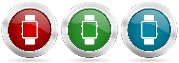 Ikona Vektoru Smartwatch Nastavena Červené Modré Zelené Stříbrné Kovové Síťové — Stockový vektor