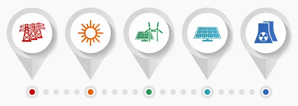 可再生能源图标集 供网页设计和移动应用的各种指针图标 如电线 太阳能 太阳能电池板和核电厂 平板设计信息矢量模板 — 图库矢量图片