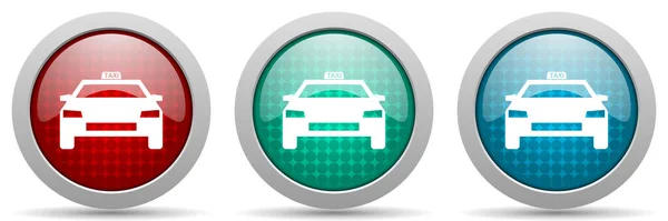 タクシー 車のベクトルアイコンセット 光沢のあるウェブボタンコレクション — ストックベクタ