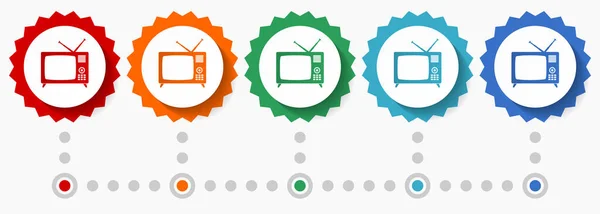 Retro Televisão Tela Vídeo Conjunto Ícones Vetoriais Modelo Infográfico Colorido —  Vetores de Stock