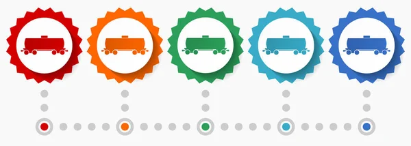 燃料贮槽车 火车矢量图标集 彩色信息模板 平面设计徽章图标集 五种颜色选项 — 图库矢量图片