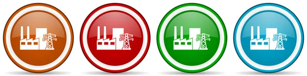碳发电厂光彩夺目的图标 一套用于网络 互联网和移动应用的现代设计按钮 分四种颜色 分别以白色背景为背景 — 图库照片