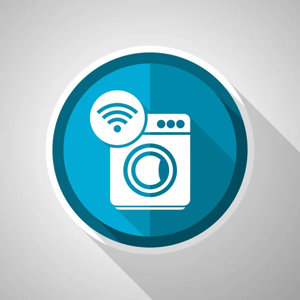 洗濯機 インターネット Wifiシンボル フラットデザインベクトル長い影と青のアイコン — ストックベクタ