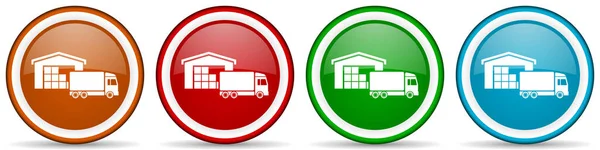 仓库和卡车 货运概念光彩夺目的图标 一套用于网络 互联网和移动应用程序的现代设计按钮 分四种颜色 分别以白色背景为背景 — 图库照片