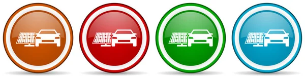 電気自動車とソーラーパネル クリーンエネルギー パワー光沢のあるアイコン ウェブ インターネット モバイルアプリケーションのためのモダンなデザインボタンのセット白い背景に隔離された4色のオプション — ストック写真