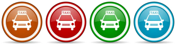 出租车光彩夺目的图标 一套现代设计按钮 用于网络 互联网和移动应用程序 四种颜色的选项在白色背景上隔离 — 图库照片