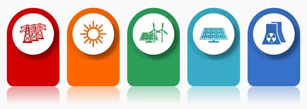 再生可能エネルギーアイコンセット 電源ライン 太陽光発電 太陽光発電パネル 原子力発電所などの各種ベクトルアイコン モダンなデザインインフォグラフィックテンプレート 5色のオプションのウェブボタン — ストックベクタ