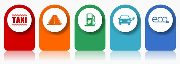 可再生能源 交通图标集 出租车 生物燃料 电动车和生态标志等各种矢量图标 现代设计信息模板 5种颜色选项的网络按钮 — 图库矢量图片
