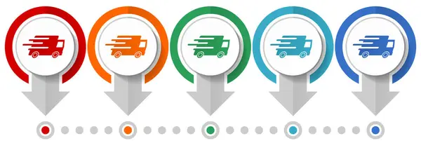 Transporte Velocidad Entrega Rápida Conjunto Iconos Vectores Camiones Plantilla Infografía — Vector de stock