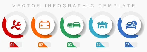 汽车系列产品图标集 各种图标 如工具 电池和可再生能源 平面设计矢量信息模板 5种颜色的网络按钮 — 图库矢量图片