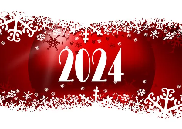 Neujahr 2024 Illustration Mit Weihnachtskugel Und Schneeflocken Auf Rotem Hintergrund — Stockfoto