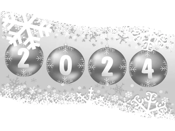 Nieuwjaar 2024 Illustratie Met Zilveren Kerstballen Witte Sneeuwvlokken Achtergrond — Stockfoto