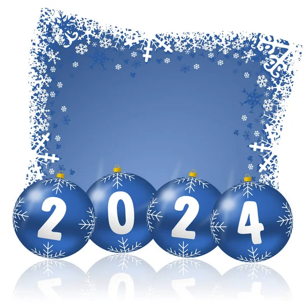 Nieuwjaar 2024 Illustratie Met Kerstballen Sneeuwvlokken Blauwe Achtergrond Wintervakantie Wenskaart — Stockfoto