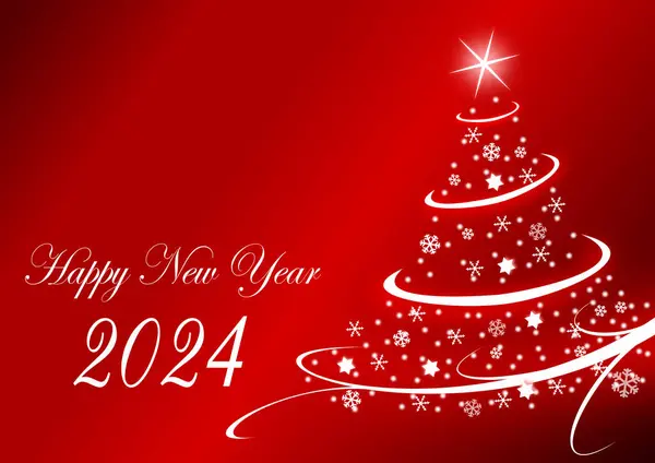 Nieuwjaar 2024 Illustratie Met Kerstboom Rode Achtergrond — Stockfoto