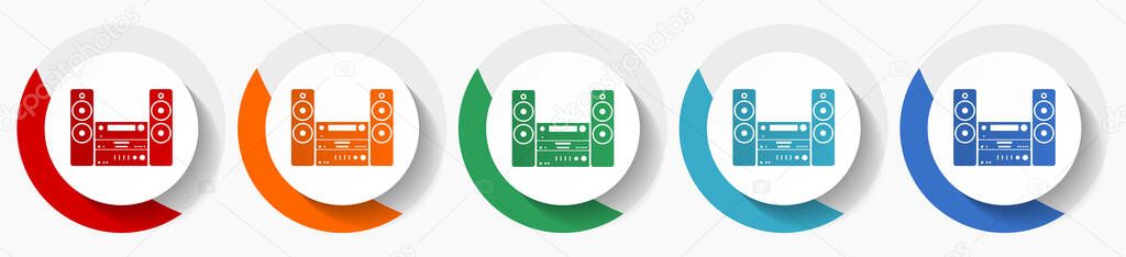 Music, stereo equipment vector icon set, flat icons for logo design, webdesign and mobile applications, colorful round buttons