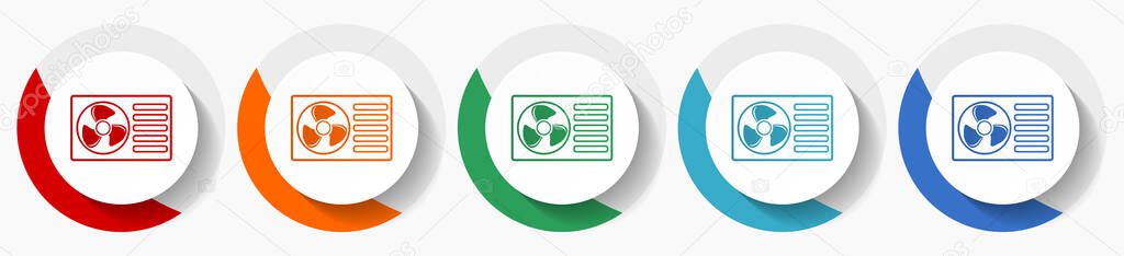 Heat pump vector icon set, flat icons for logo design, webdesign and mobile applications, colorful round buttons