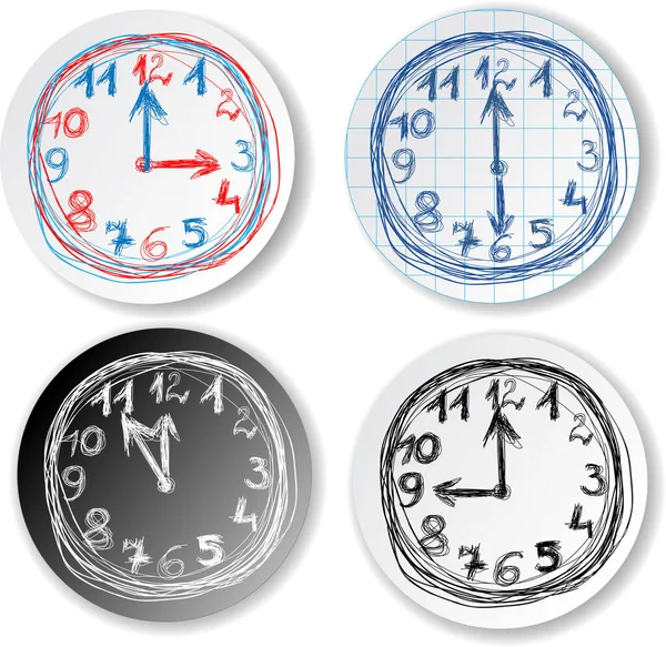 Vector Image Four Clock Dials Hand Made Drawing Paper Different — Stock Vector