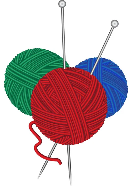 三只羊毛红色 蓝色的球与白色背景隔离的金属针的矢量图像 — 图库矢量图片