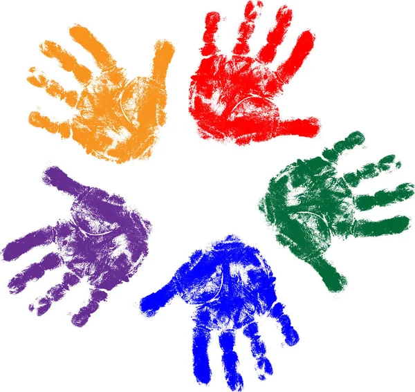 Διάνυσμα Εικόνα Από Πέντε Παιδιά Παλάμες Εκτυπώσεις Χέρια Των Διαφορετικών — Διανυσματικό Αρχείο