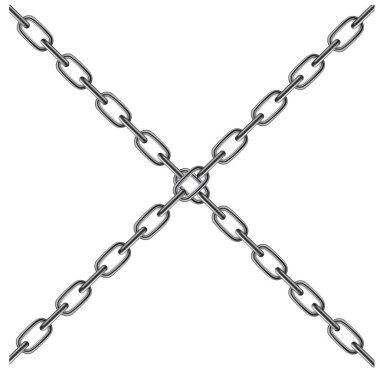 Beyaz arkaplanda izole edilmiş iki çapraz metal zincirin vektör görüntüsü.