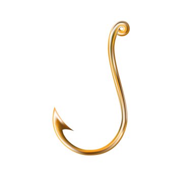 Beyaz arka planda izole olan her şeyi yakalamak için parlak altın kancanın (balıkçılık açısı) vektör görüntüsü. Keskin uçlu bir vektör kancası.