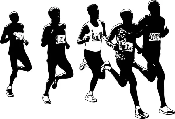 Maratona Corredores Correndo Grupo Esboço Arte Vetor — Vetor de Stock