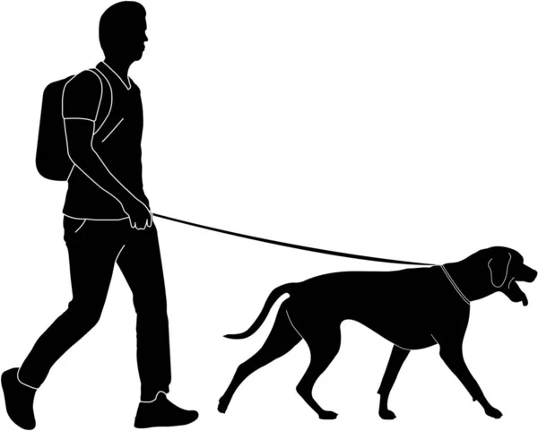 Mann Mit Rucksack Gassi Gehender Hund Silhouette Vektorgrafik — Stockvektor