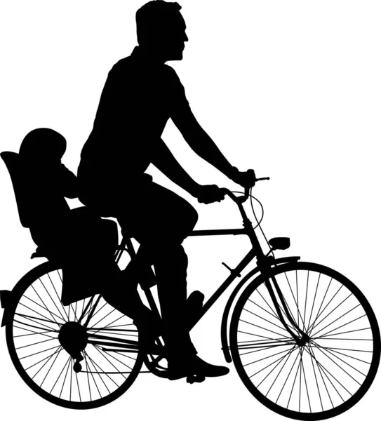 Hombre Montar Bicicleta Con Bebé Silueta Del Asiento Del Niño — Archivo Imágenes Vectoriales