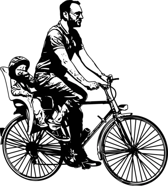 子供のシートスケッチのシルエットで赤ちゃんと自転車に乗る男 ベクトルアートワーク — ストックベクタ