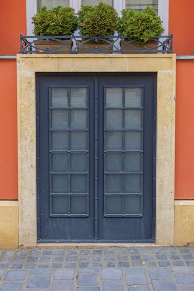 Stängda Dubbla Dörrar Med Krukväxter Inredning Terracotta Building — Stockfoto