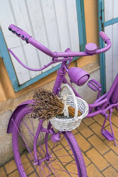 Фиолетовый Велосипед Посадками Лаванды Корзине — стоковое фото