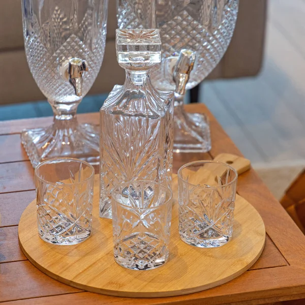 Crystal Whiskey Bottle Glasses Wooden Tray — Stock Photo, Image