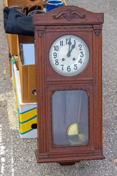 Old Wooden Grandfather Wall Clock With Pendulum at Flea Market