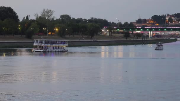Belgrad Serbien Augusti 2022 Turister Kryssningsbåtar Vid Floden Sava Sommarkväll — Stockvideo