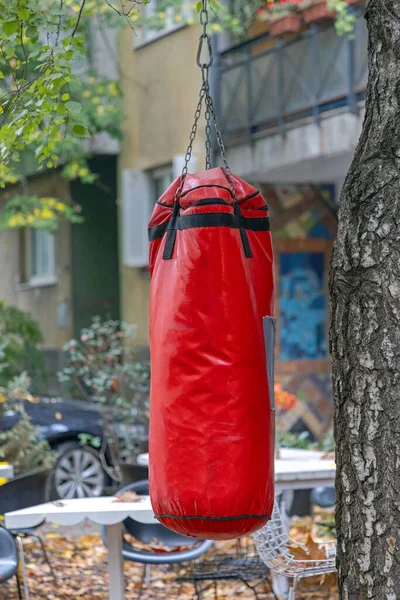 Παλιά Κόκκινη Τσάντα Punching Κρέμεται Έξω Στον Κήπο — Φωτογραφία Αρχείου