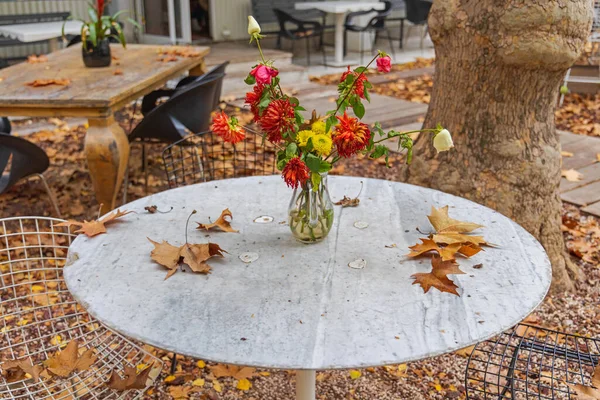 Verwelkte Blumen Der Vase Auf Dem Gartentisch Herbstfarben — Stockfoto