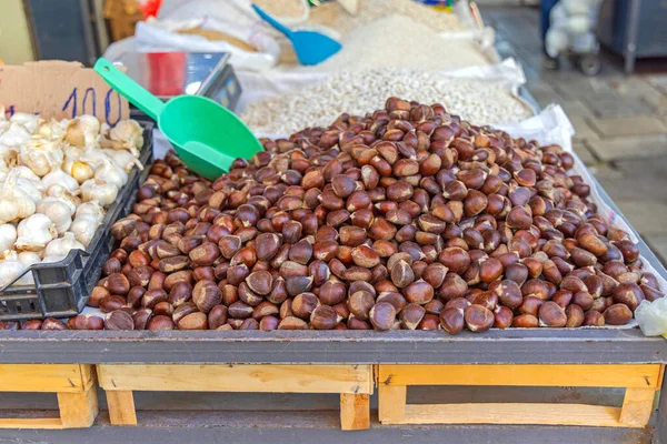 Marrons Castanhas Frescas Produzem Mercado Agricultores Outono — Fotografia de Stock
