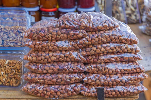 Stack Shelled Hazelnuts Bags Farmers Market — Stock Photo, Image
