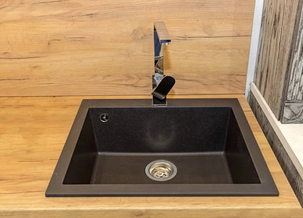 Dark Style Black Square Shape Sink Wooden Kitchen — стокове фото