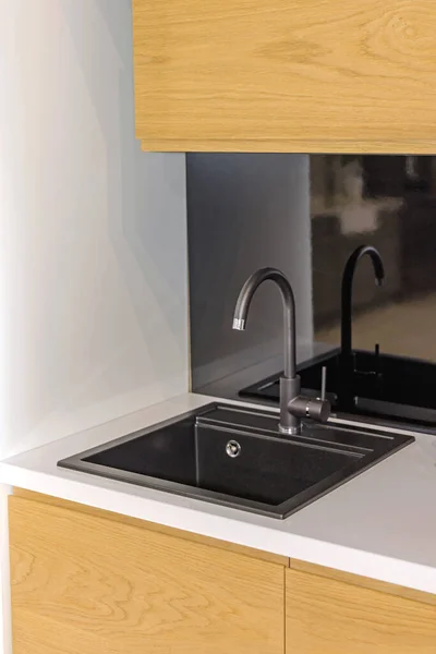 All Black Sink Faucet Backsplash Dark Style Modern Kitchen — стокове фото
