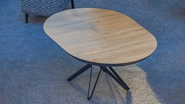 Oval Shape Wooden Dining Table Carpet Floor — 스톡 사진