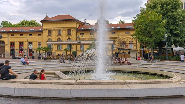 Szeged Hungary July 2022 People Sitting Water Fountain Dugonics Square — 스톡 사진