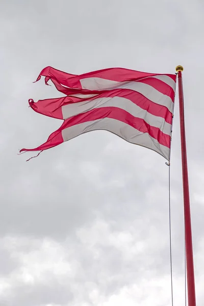 Horizontal Red White Stripes Flag Wooden Pole Cloudy Sky — Stock Photo, Image