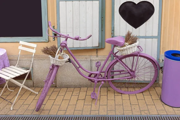 Фіолетовий Велосипед Лавандром Бакетах Припаркованих Перед Крамницею — стокове фото