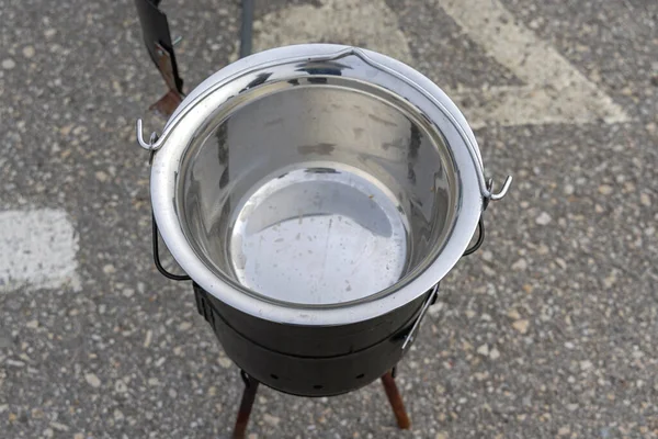 Novo Caldeirão Metal Aço Inoxidável Cozinhar Vaso Pot — Fotografia de Stock