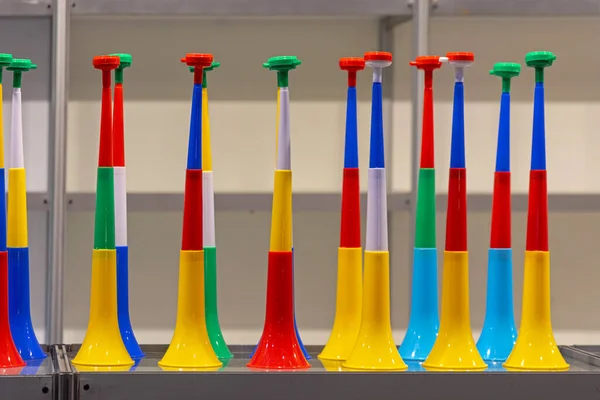 New Long Plastic Vuvuzela Horn Sale Shelf — Stock Photo, Image
