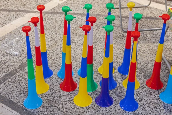 New Long Plastic Vuvuzela Horn Sale Floor — Stock Photo, Image